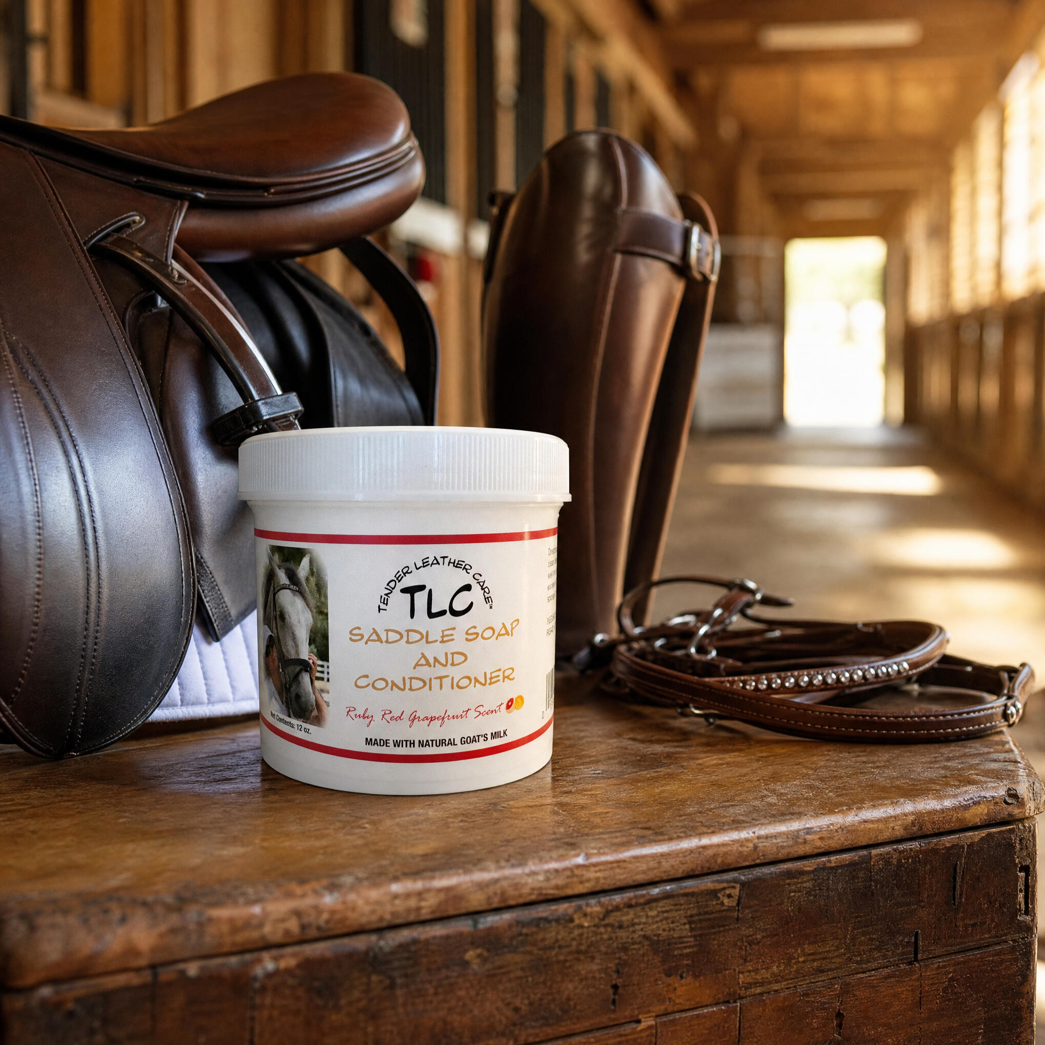 TLC Saddle Soap Results Riding boots cleaned and conditioned with TLC Saddle Soap. One-step leather cleaner and conditioner for tack, boots, saddles, and bridles.
